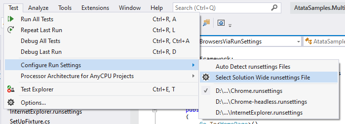 Visual Studio: Select .runsettings file