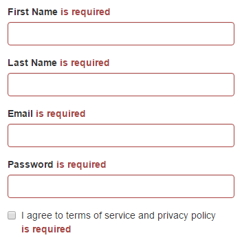 Sign Up page's required validation messages