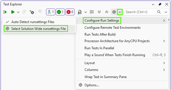 Visual Studio: Select .runsettings file